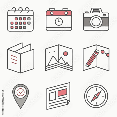 Travel planning icons set calendar camera map book compass location checklist