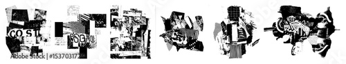 Vector Abstract geometric compositions featuring fragmented shapes and textured blocks.