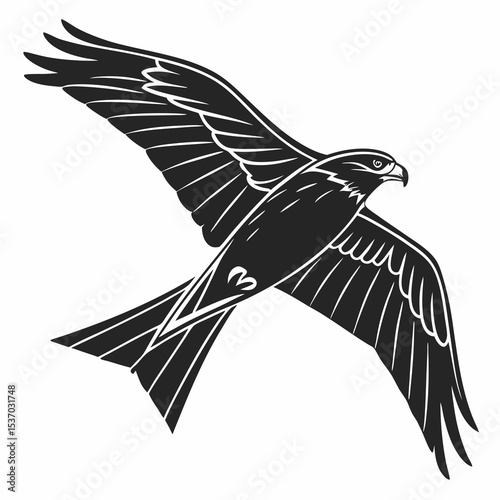 Black and white silhouette of a hawk in flight soaring majestically