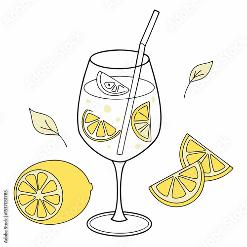 Refreshing lemonade drink with lemon slices and straw