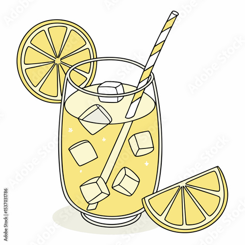 Refreshing lemonade drink with ice cubes and lemon slices