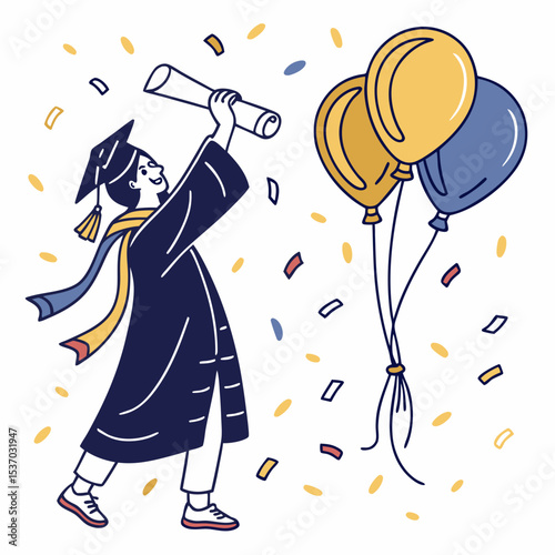Happy graduate celebrating with diploma and balloons confetti