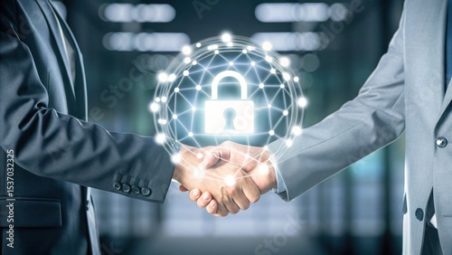 Two business professionals shaking hands with a digital security lock overlay, symbolizing secure partnership and data protection.