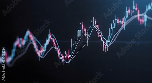 Gráfico de precios técnicos e indicador, gráfico de velas rojo y verde en la pantalla del tema azul, volatilidad del mercado, tendencia ascendente.