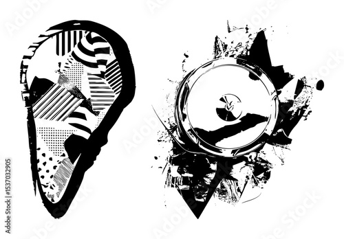 Vector Abstract ear and speaker with dynamic brushstrokes.