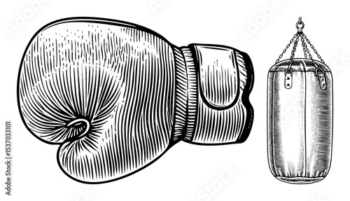 Vector Boxing gloves and punching bag in vintage engraving style.