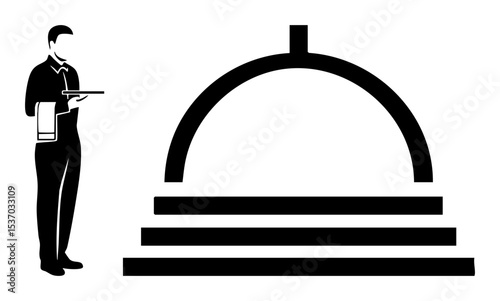 Vector Waiter with Tray and Silver Dome Presentation