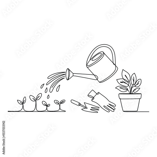 Watering can waters sprouts and potted plant isolated on white background