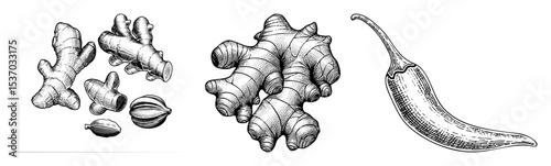 Vector Botanical featuring ginger roots and a chili pepper.