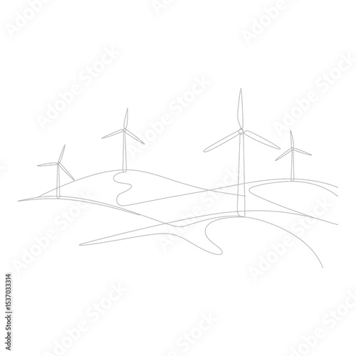 Wind turbines on rolling hills isolated on white background