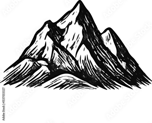 A classic, hand-drawn black and white illustration of majestic mountains with a dense pine forest at their base, embodying themes of nature, adventure, and outdoor serenity