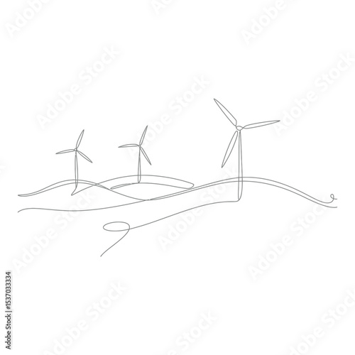 Wind turbines on a hill isolated on white background in line art