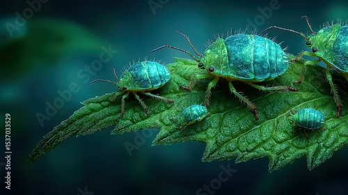 Close-up view of vibrant green aphids on a lush green leaf in a forest setting during daylight