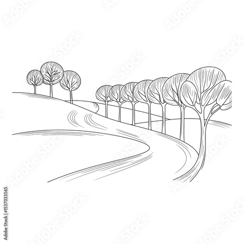 Winding road with trees along the way in a simple line drawing