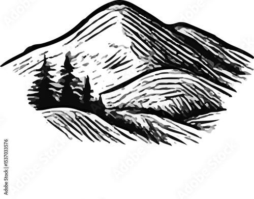 A classic, hand-drawn black and white illustration of majestic mountains with a dense pine forest at their base, embodying themes of nature, adventure, and outdoor serenity