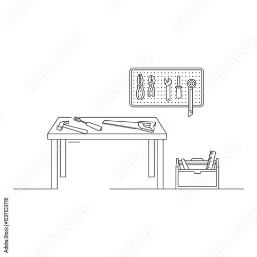 Workbench with tools isolated on white background in line art style