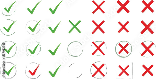 Hand drawn green check marks and red crosses