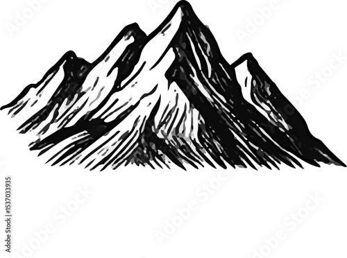 A classic, hand-drawn black and white illustration of majestic mountains with a dense pine forest at their base, embodying themes of nature, adventure, and outdoor serenity