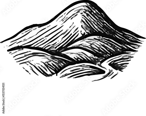 A classic, hand-drawn black and white illustration of majestic mountains with a dense pine forest at their base, embodying themes of nature, adventure, and outdoor serenity