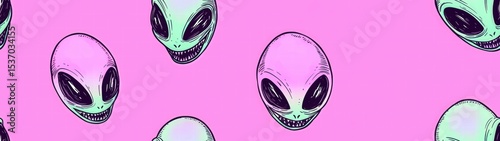 Pink Background with Playful Alien Heads Pattern and Mysterious Vibe