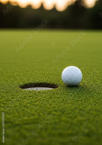 Golf Ball Near the Hole at Sunset - A golf ball rests near the cup on a green, symbolizing precision, focus, victory, competition, and the final moments of a game