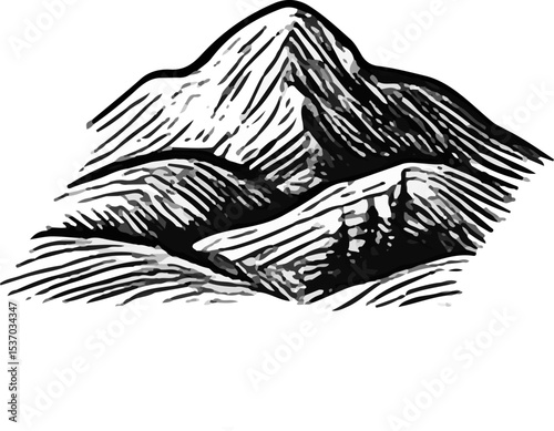 A classic, hand-drawn black and white illustration of majestic mountains with a dense pine forest at their base, embodying themes of nature, adventure, and outdoor serenity