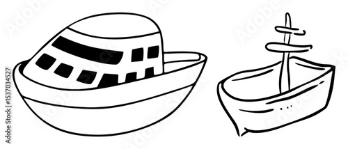 Vector Two nautical vessels a cabin and a sailboat are depicted as simple vector illustrations.