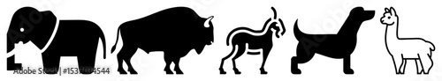 Vector Silhouette collection of diverse animals including elephant bison antelope camel and llama.