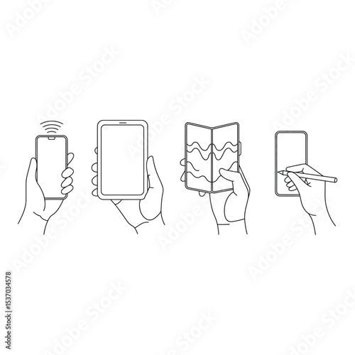 Hands holding different types of mobile devices isolated on white