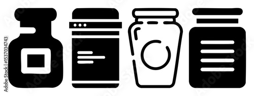 Vector Black silhouette of various supplement bottles and capsules.