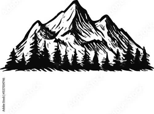 A classic, hand-drawn black and white illustration of majestic mountains with a dense pine forest at their base, embodying themes of nature, adventure, and outdoor serenity