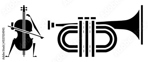 Vector Musical instruments featuring a cello and trumpet in a minimalist style.