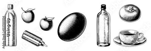 Vector Assorted produce bottles and a teacup are arranged as distinct vector illustrations.