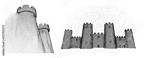 Vector Medieval castles and towers in dotted style.