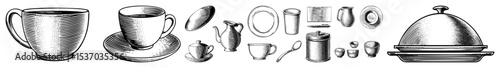 Vector Assorted vintage containers and laboratory glassware illustrations.