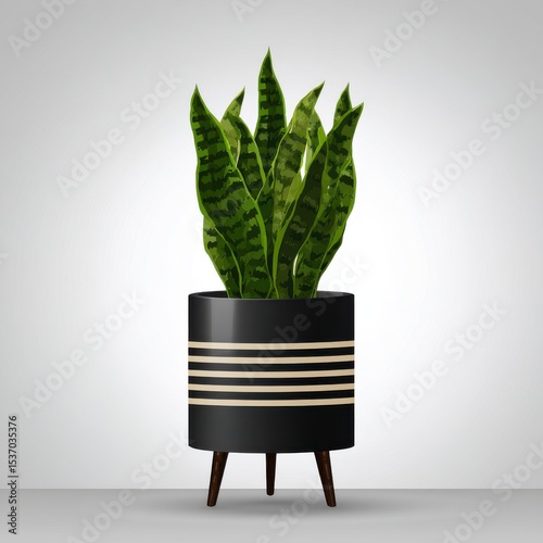 Stylish snake plant in black and beige striped pot on wooden legs