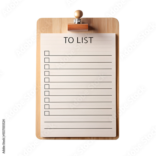 Blank to do list on wooden clipboard isolated on transparent background