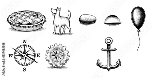 Vector Vintage illustrations depict a pie dog eggs balloon compasses and an anchor.