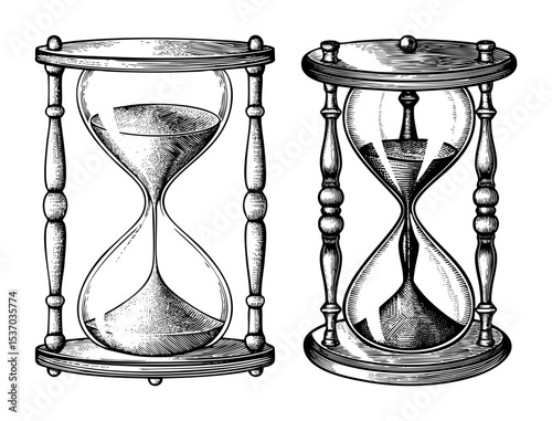 Vector Vintage hourglasses illustrate the passage of time with contrasting sand levels.