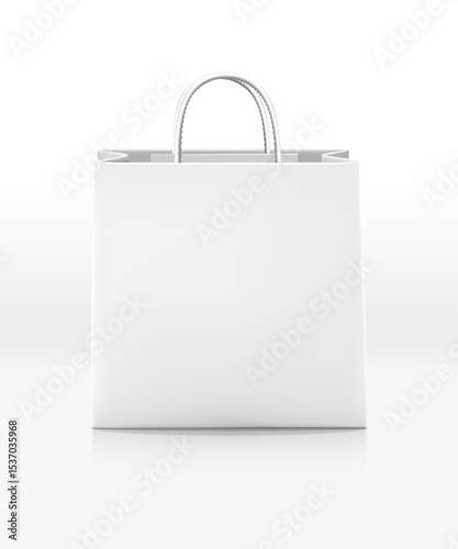 Vector icon White shopping paper bag with rope handles Isolated on white background Front view r
