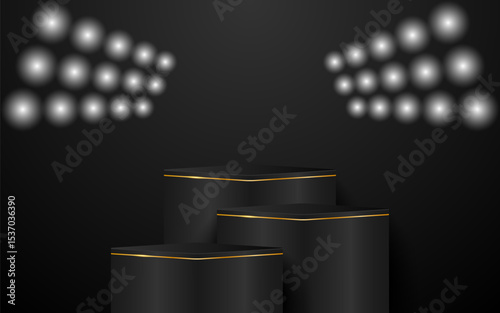 Multi-layered black podium with gold lines and spotlights shining down for product presentation. Display of cosmetic products. Stage or podium. vector illustration	