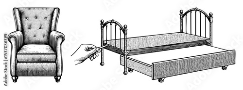 Vector Vintage armchair and ornate metal bed frame .