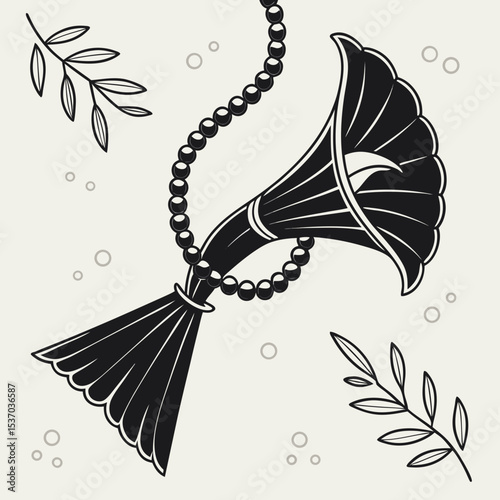 Elegant black and white horn with pearl necklace and leaves