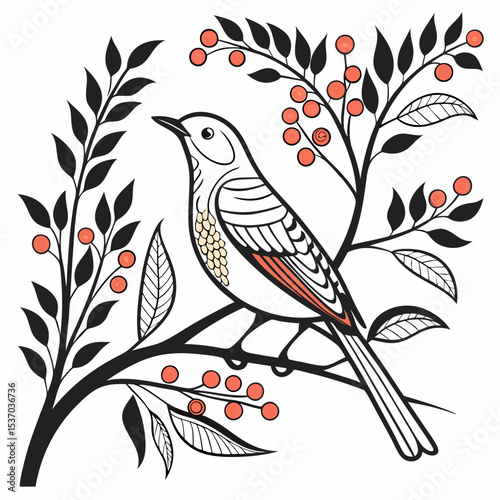 Bird on branch with berries artistic illustration