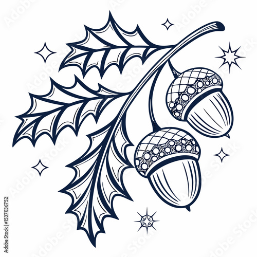 Ornate acorn branch design two acorns leaves stars