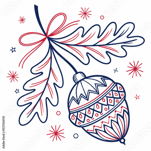 Ornate acorn with oak leaf and festive red and blue design elements