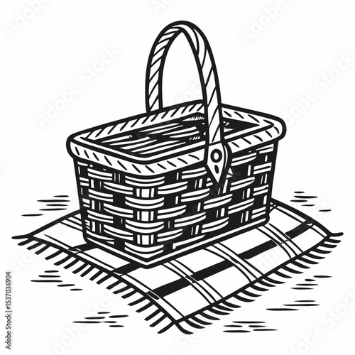 Wicker picnic basket on plaid blanket outdoor adventure