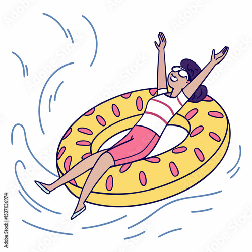 Happy woman floating on inflatable ring summer fun