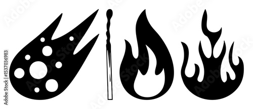 Vector Black fire flames and match set.