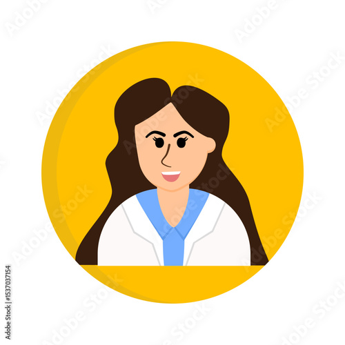 Female doctor with long brown hair, a white coat, and a blue shirt, set against a yellow circular background.